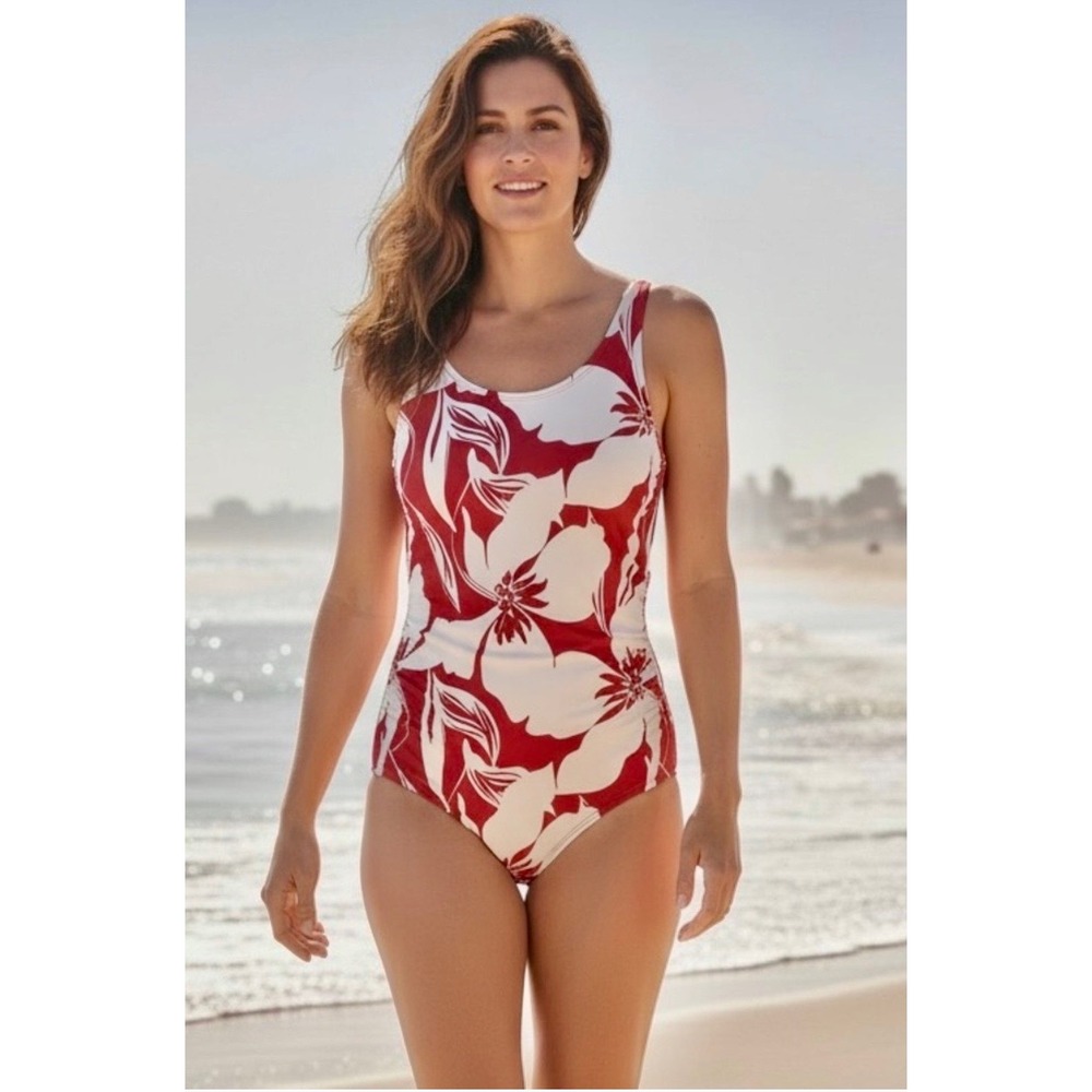 Shade & Shore swimsuit  Floral High Neck‎ One Piece  Red White Size 16 beach
